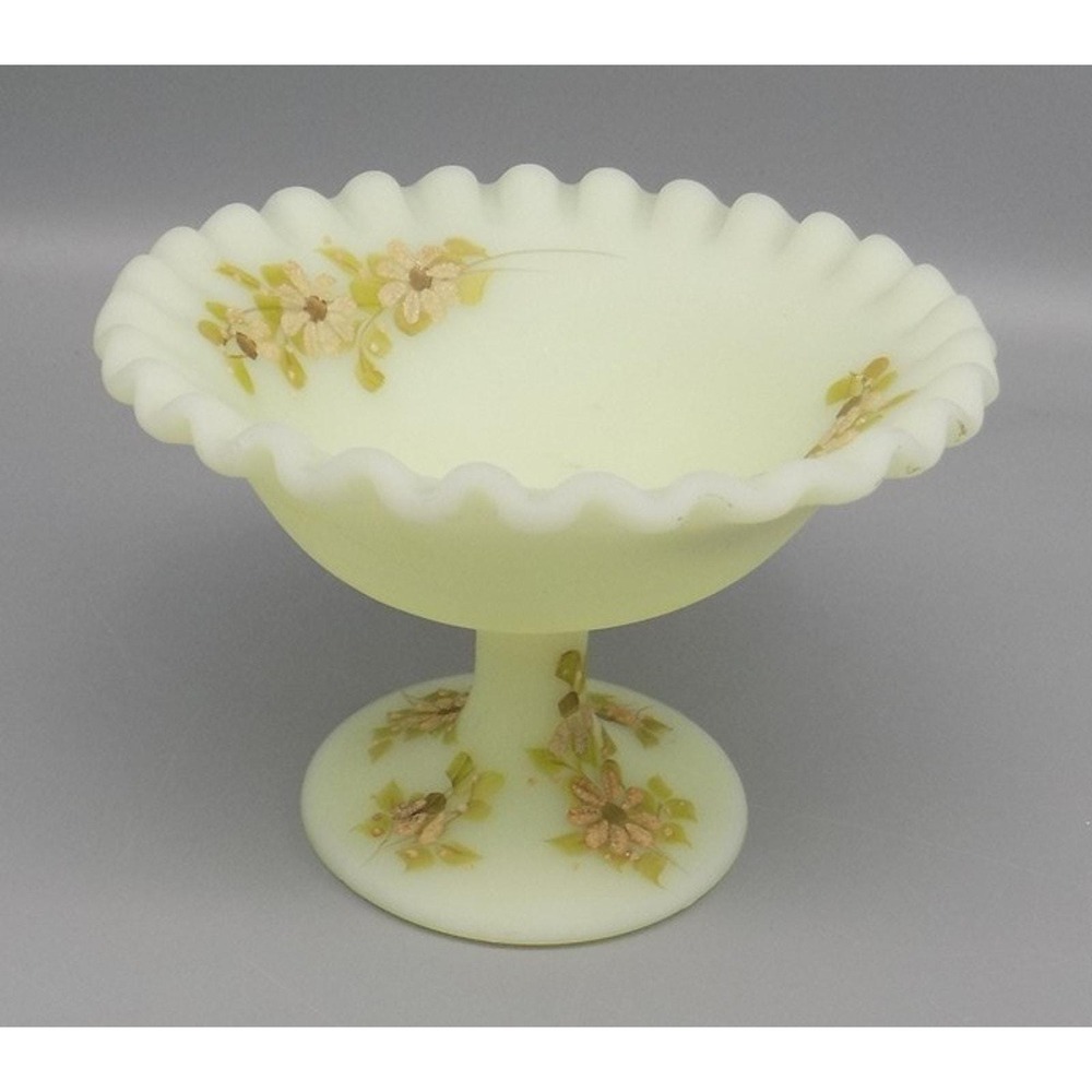 Fenton Custard Uranium Glass Ruffled Compote Hand Painted Satin Signed Susan Lee